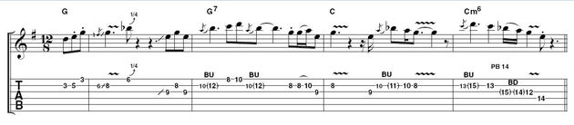 Example 1: simple opening idea.  To introduce an emotive solo, try stripping away any unnecessary embellishment and focus on the essence. It would be morally wrong to start blabbering on about scales here, so just have a look at the fingering, then have a wail.